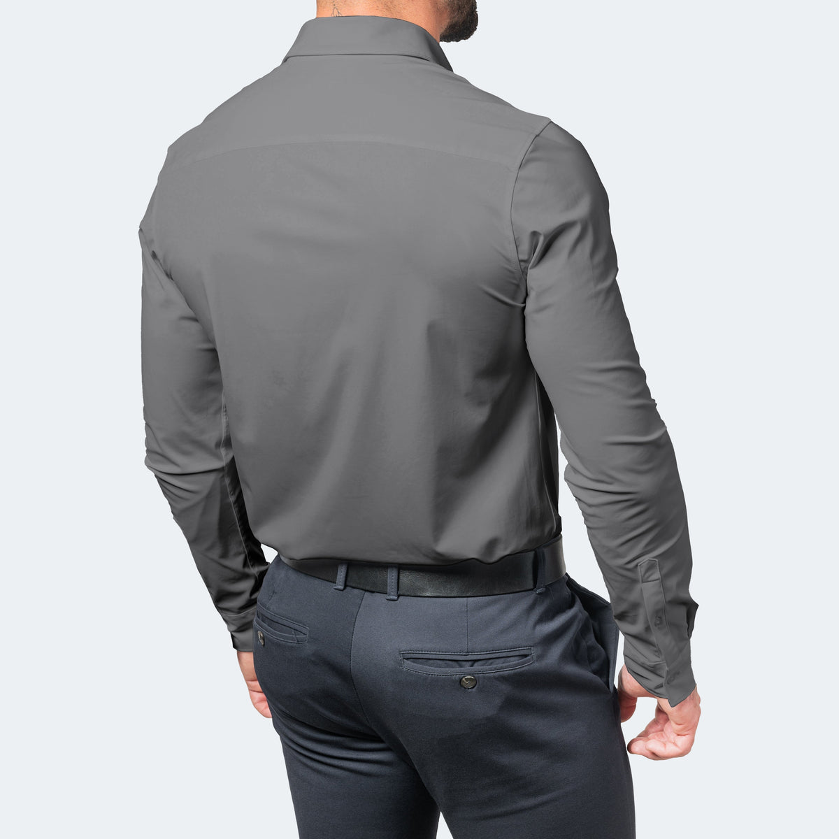 Men's wrinkle-free stretch dress shirt slim fit, available in Black, White and Light Blue