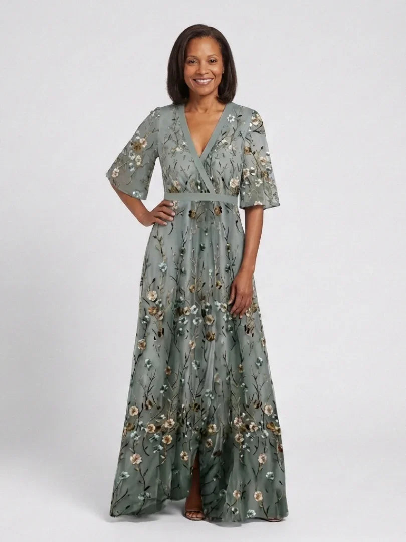 Green floral maxi dress with V neckline and elbow-length sheer sleeves