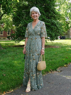Green floral maxi dress with V neckline and elbow-length sheer sleeves