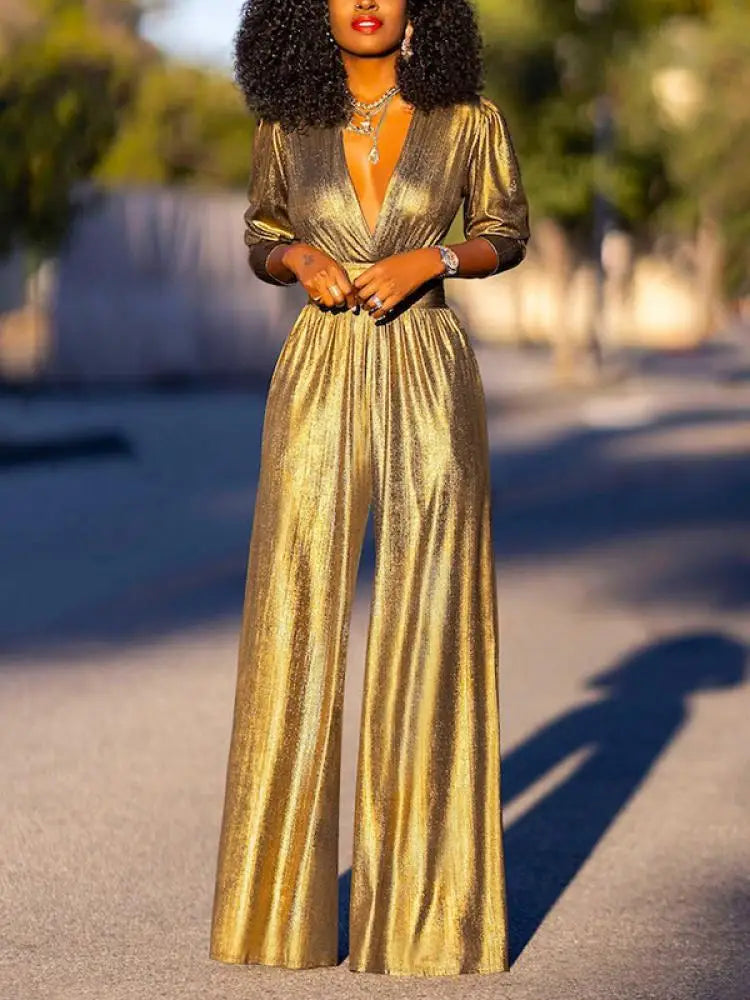 Women's glossy stretch jumpsuit with V-neck and wide leg, formal evening wear