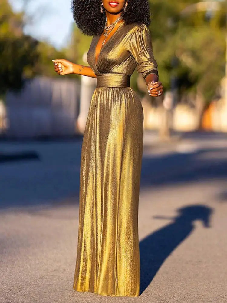 Women's glossy stretch jumpsuit with V-neck and wide leg, formal evening wear
