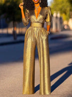 Women's glossy stretch jumpsuit with V-neck and wide leg, formal evening wear
