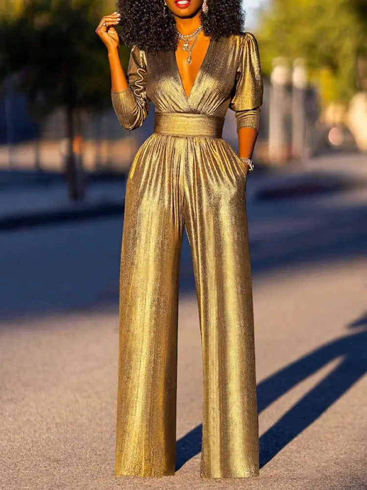 Women's glossy stretch jumpsuit with V-neck and wide leg, formal evening wear