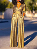 Women's glossy stretch jumpsuit with V-neck and wide leg, formal evening wear