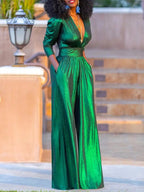 Women's glossy stretch jumpsuit with V-neck and wide leg, formal evening wear