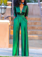 Women's glossy stretch jumpsuit with V-neck and wide leg, formal evening wear