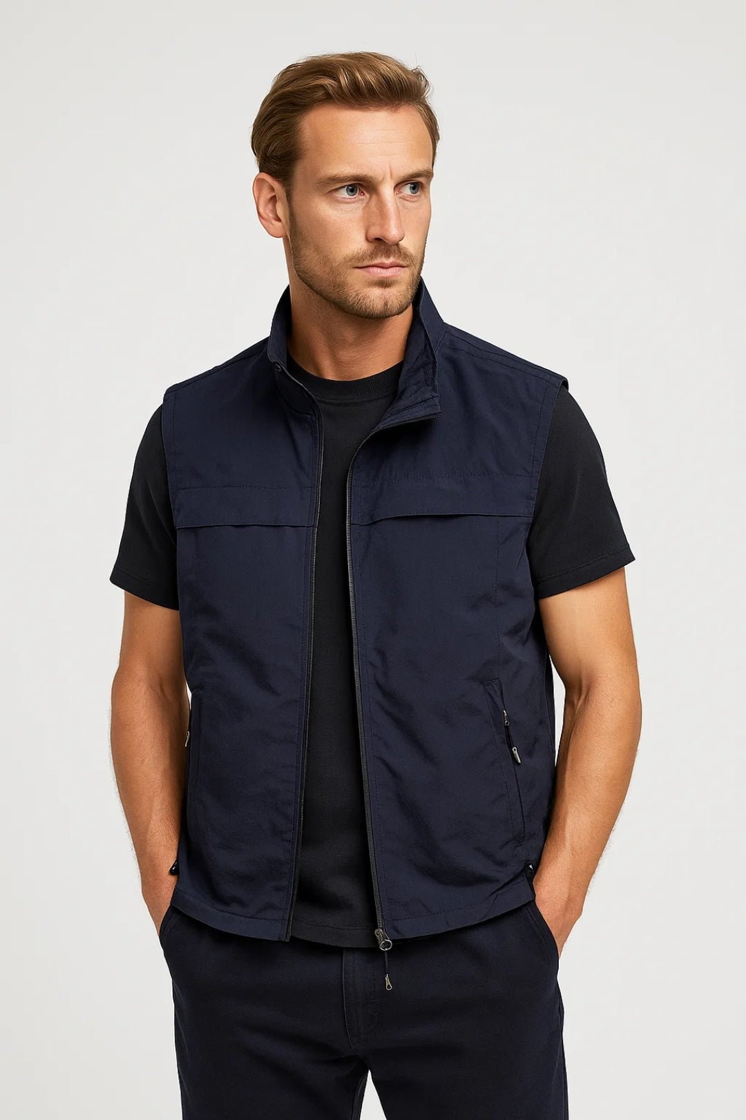 Men sleeveless bodywarmer with high collar in dark green lightweight gilet