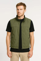 Men sleeveless bodywarmer with high collar in dark green lightweight gilet