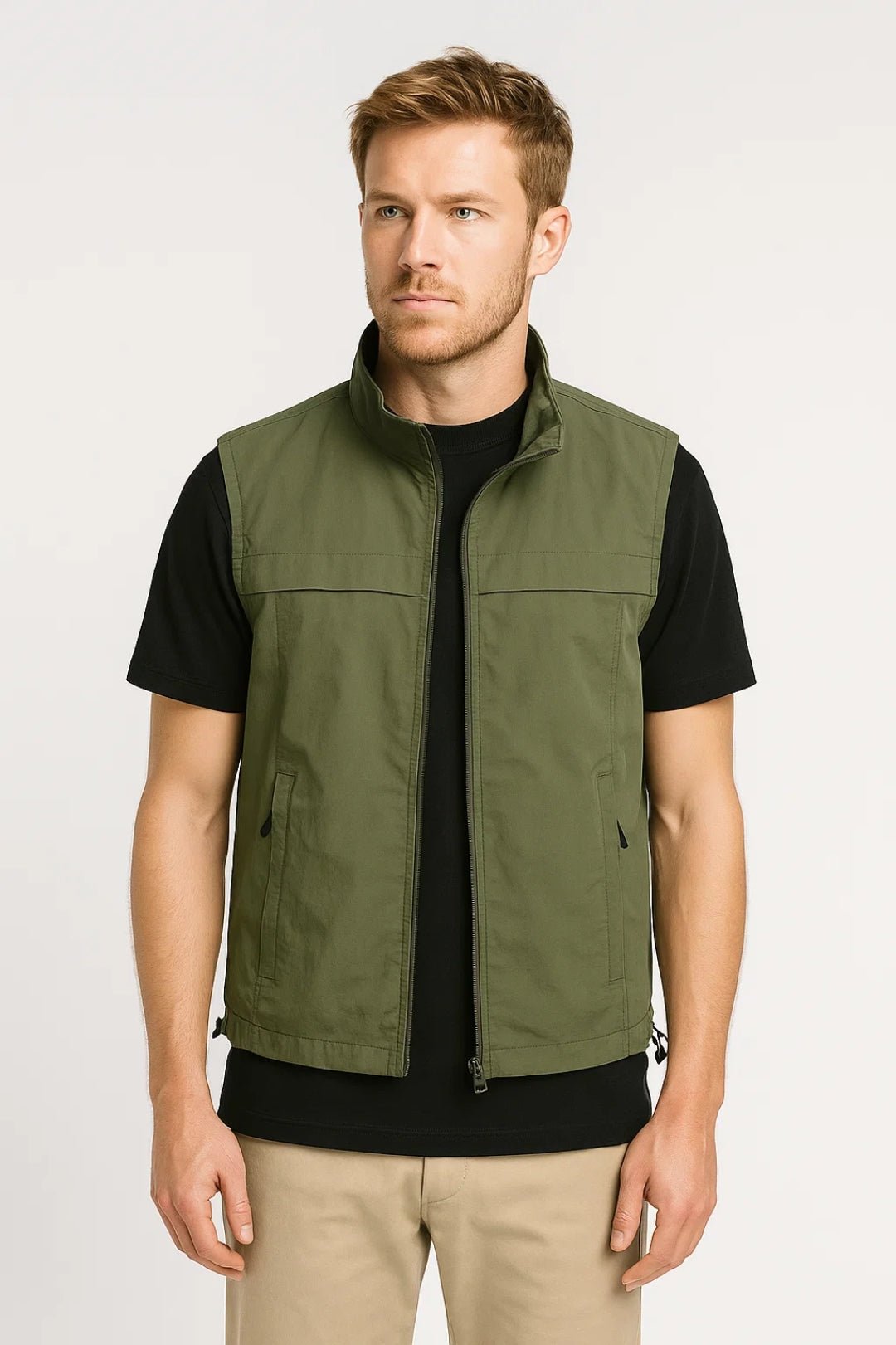 Men sleeveless bodywarmer with high collar in dark green lightweight gilet