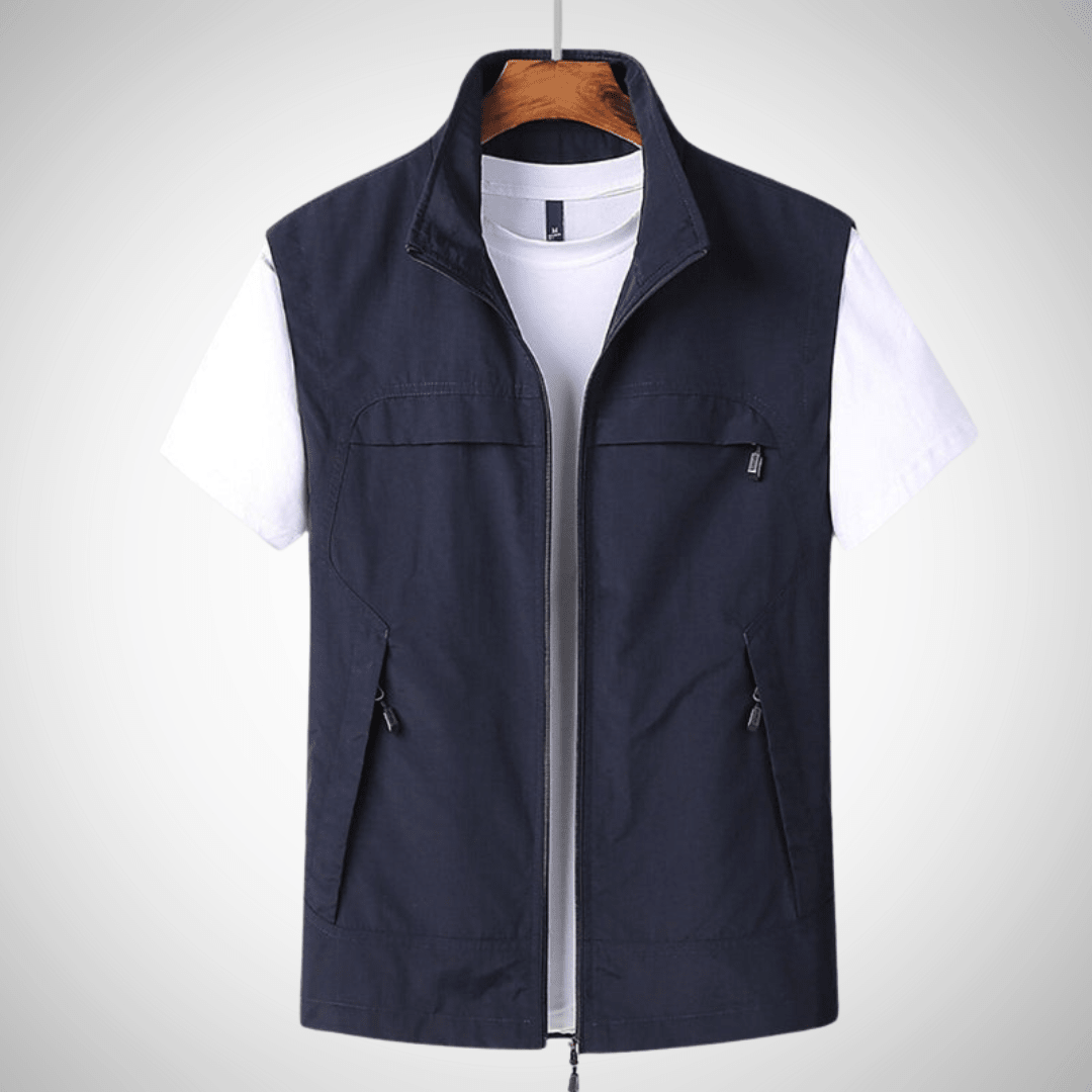 Men utility vest regular fit multi pocket zip high collar