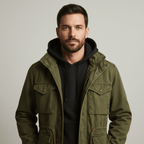 Men field jacket structured fit with multiple pockets in green and black