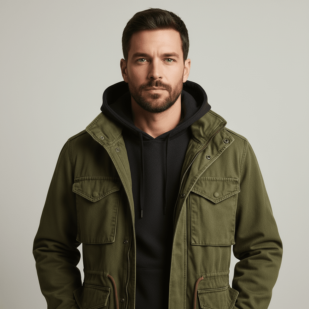 Men field jacket structured fit with multiple pockets in green and black