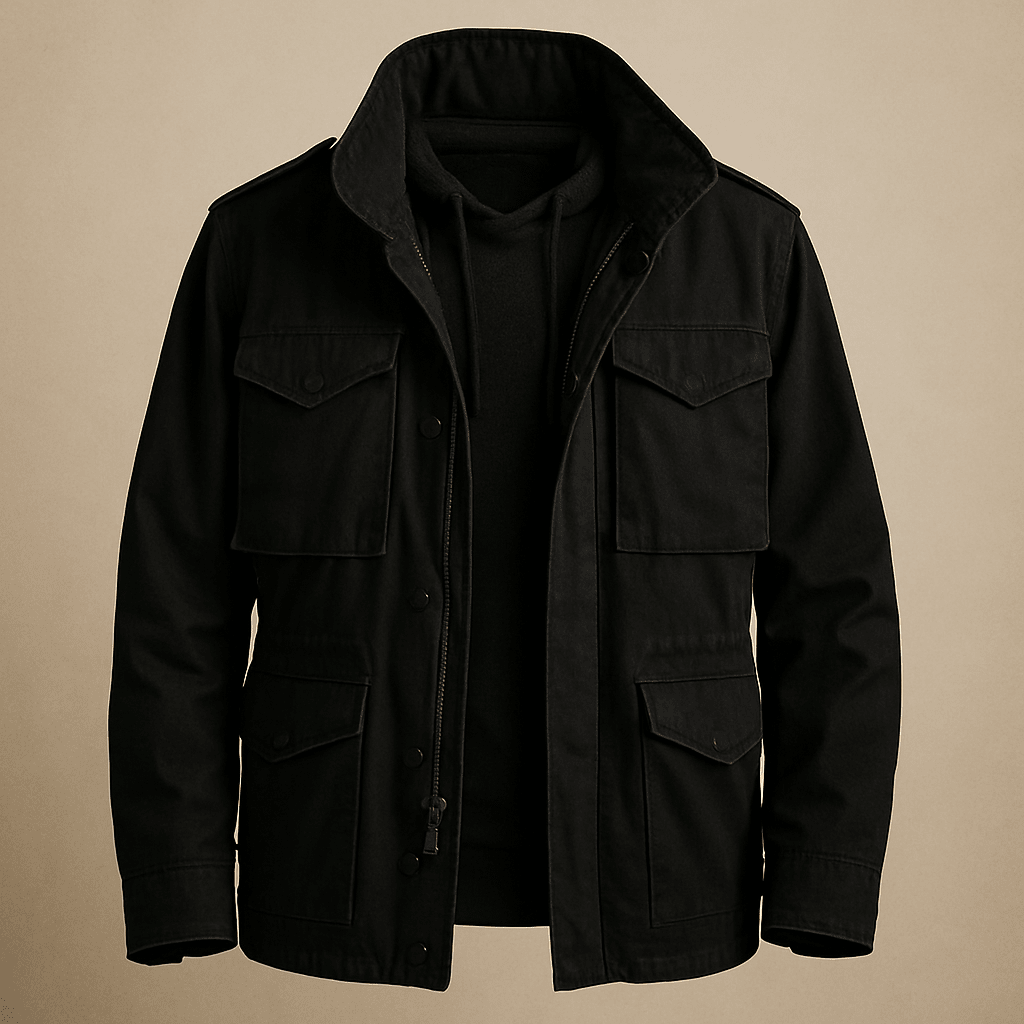Men field jacket structured fit with multiple pockets in green and black