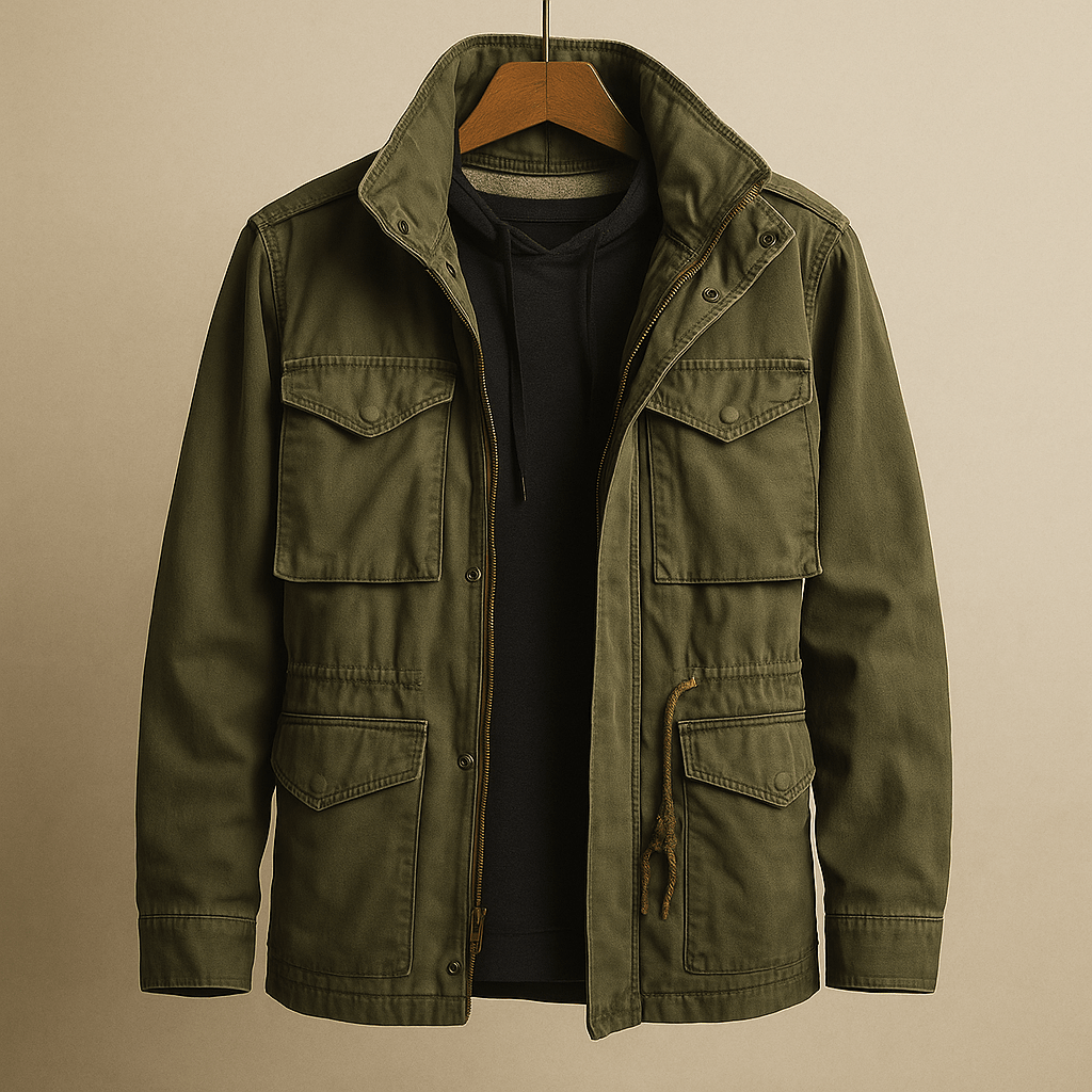 Men field jacket structured fit with multiple pockets in green and black