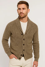 Men knit cardigan shawl collar button up in anthracite moss green and taupe