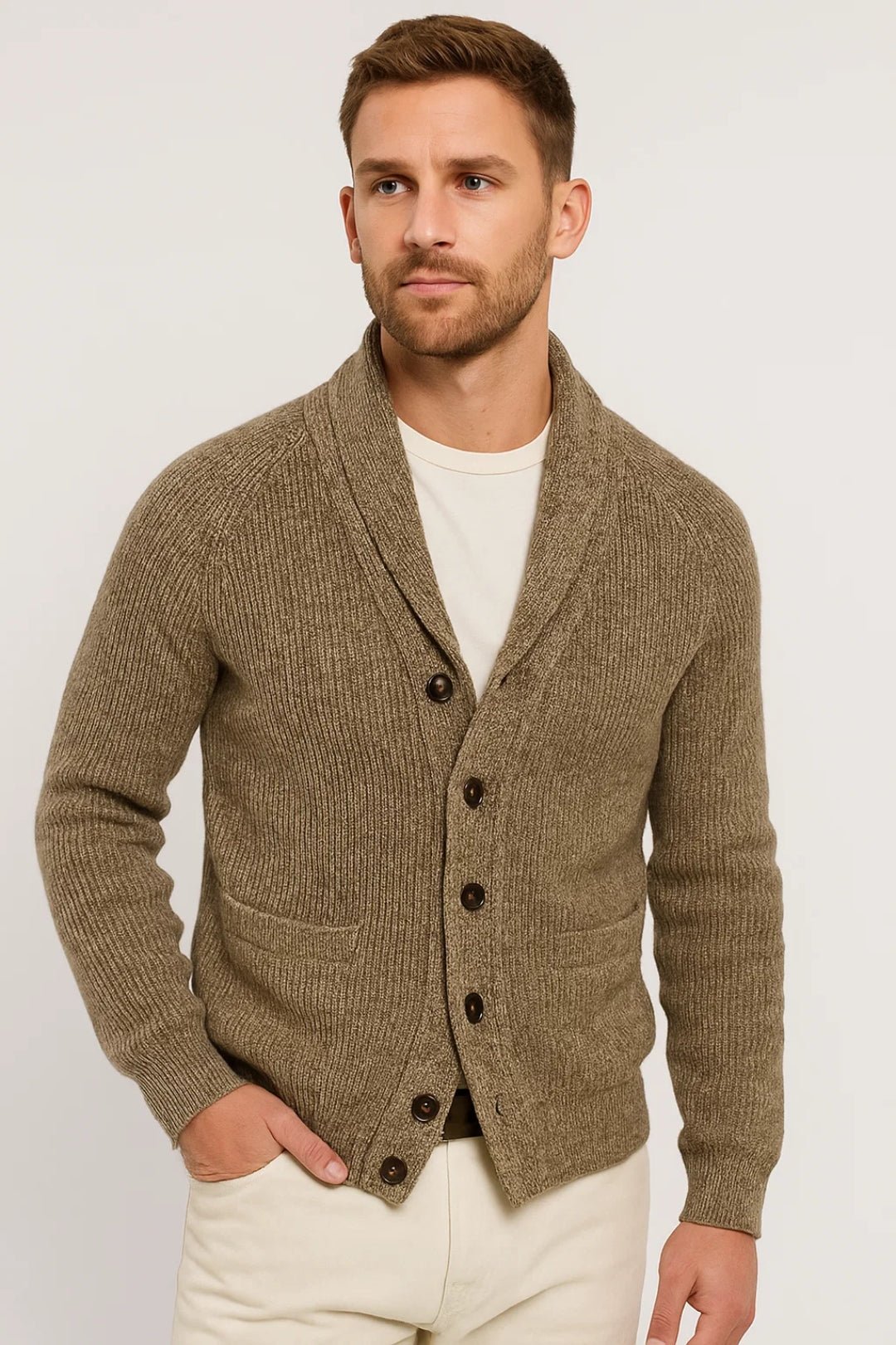 Men knit cardigan shawl collar button up in anthracite moss green and taupe