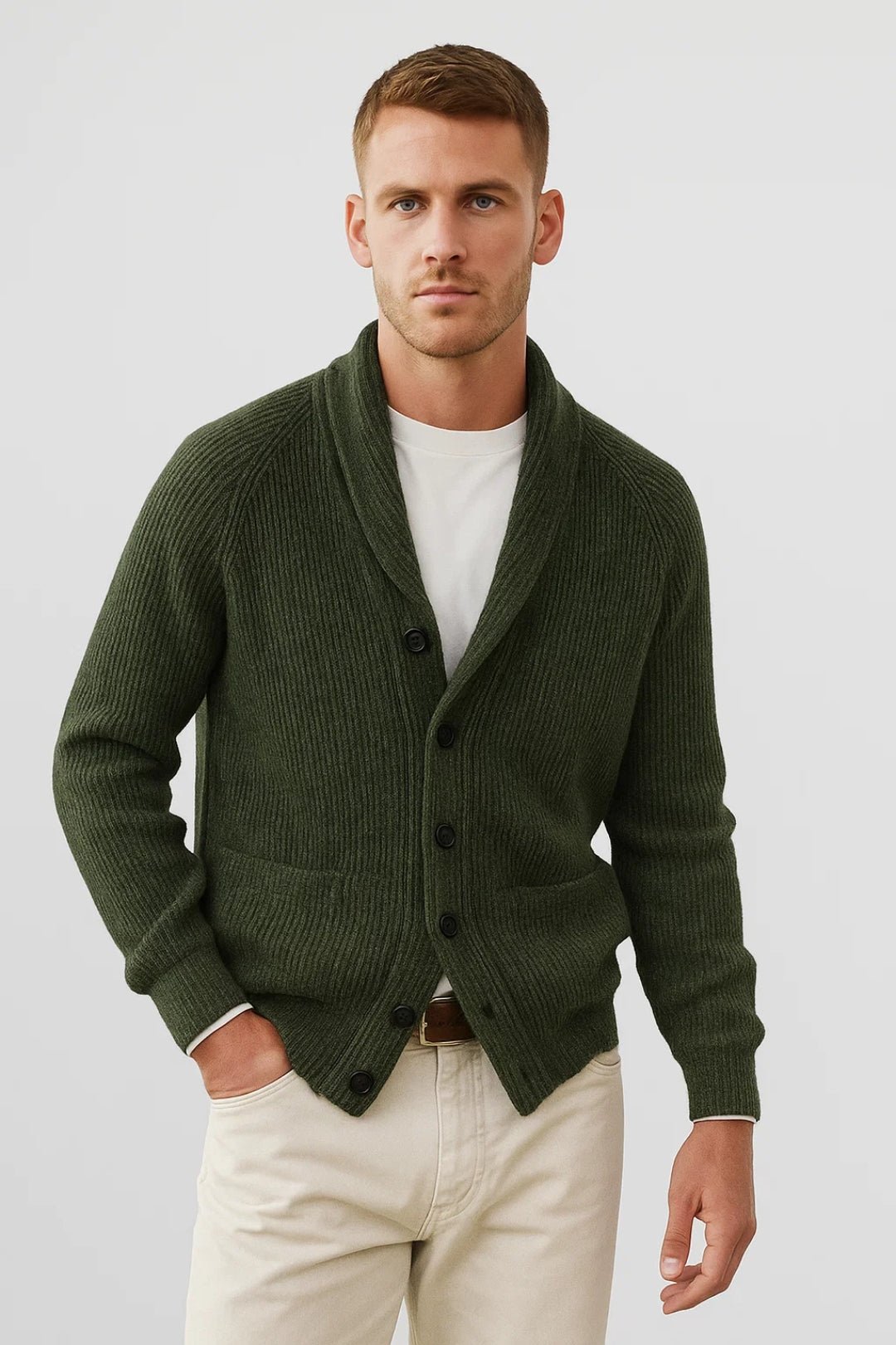 Men knit cardigan shawl collar button up in anthracite moss green and taupe