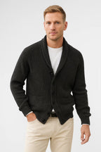 Men knit cardigan shawl collar button up in anthracite moss green and taupe