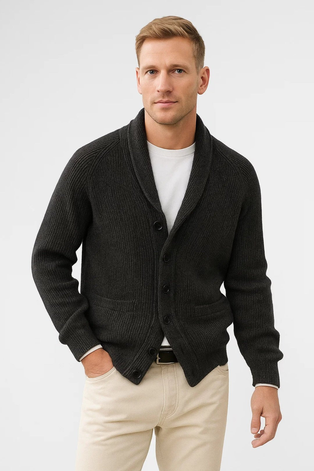Men knit cardigan shawl collar button up in anthracite moss green and taupe