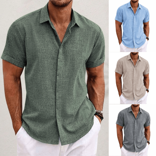 Men's linen shirt short sleeve breathable open collar summer casual