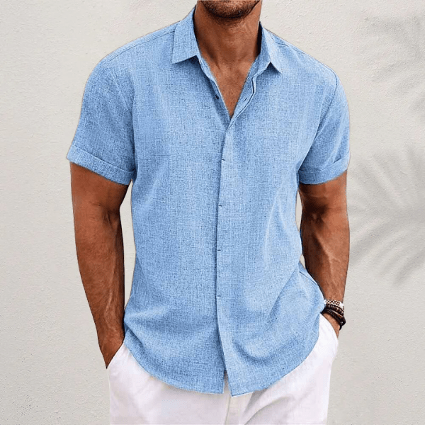 Men's linen shirt short sleeve breathable open collar summer casual
