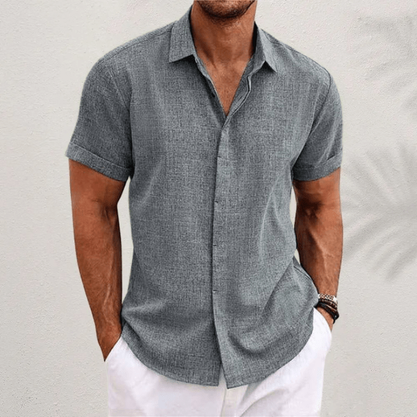 Men's linen shirt short sleeve breathable open collar summer casual