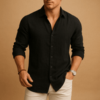 Men long sleeve shirt classic polo collar in black, breathable everyday wear