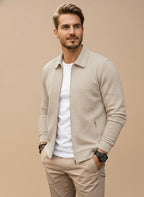 Men's zip-up cardigan regular fit with stand collar, versatile casual style