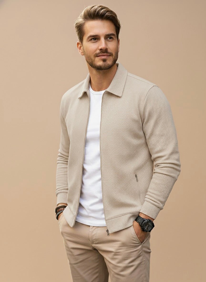 Men's zip-up cardigan regular fit with stand collar, versatile casual style