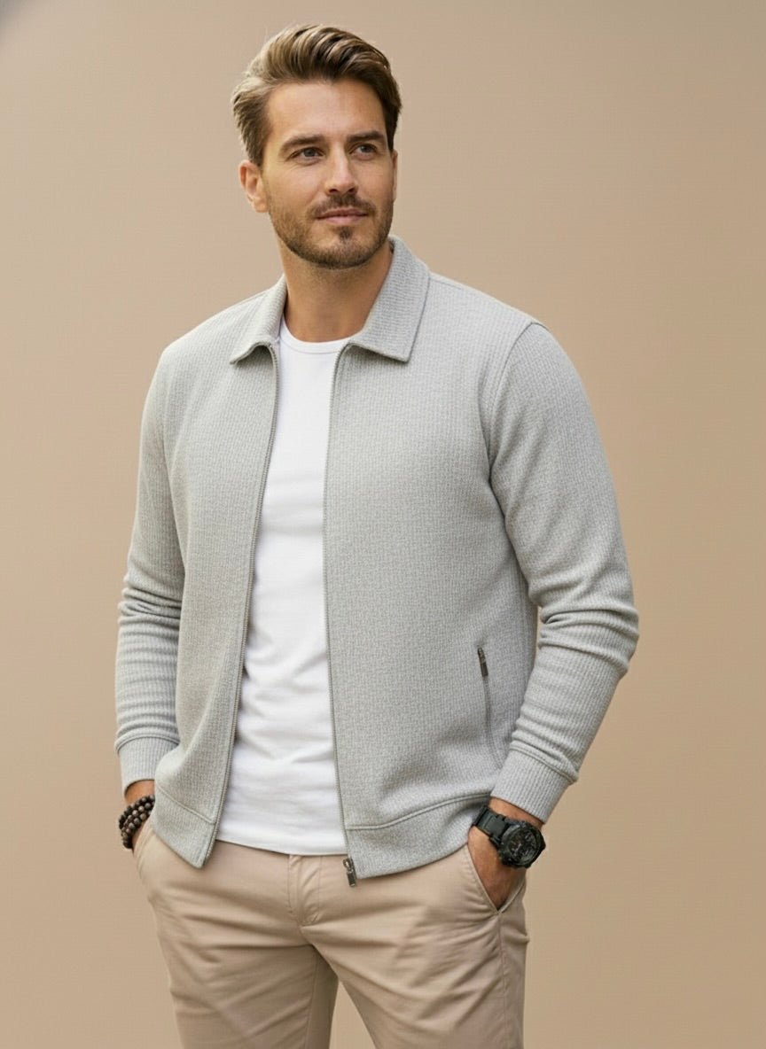 Men's zip-up cardigan regular fit with stand collar, versatile casual style