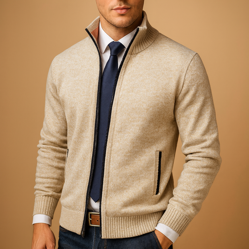 Men knit zip up cardigan sweater ribbed collar and side pockets