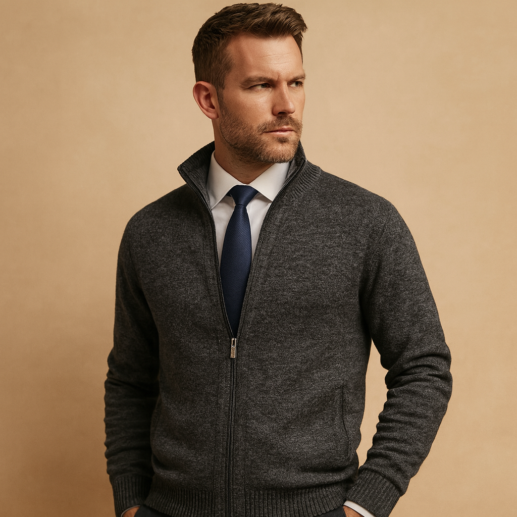 Men knit zip up cardigan sweater ribbed collar and side pockets