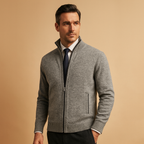 Men knit zip up cardigan sweater ribbed collar and side pockets