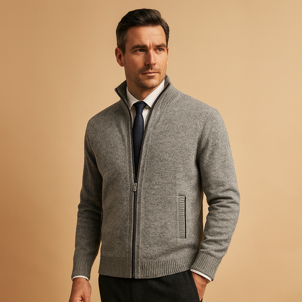 Men knit zip up cardigan sweater ribbed collar and side pockets