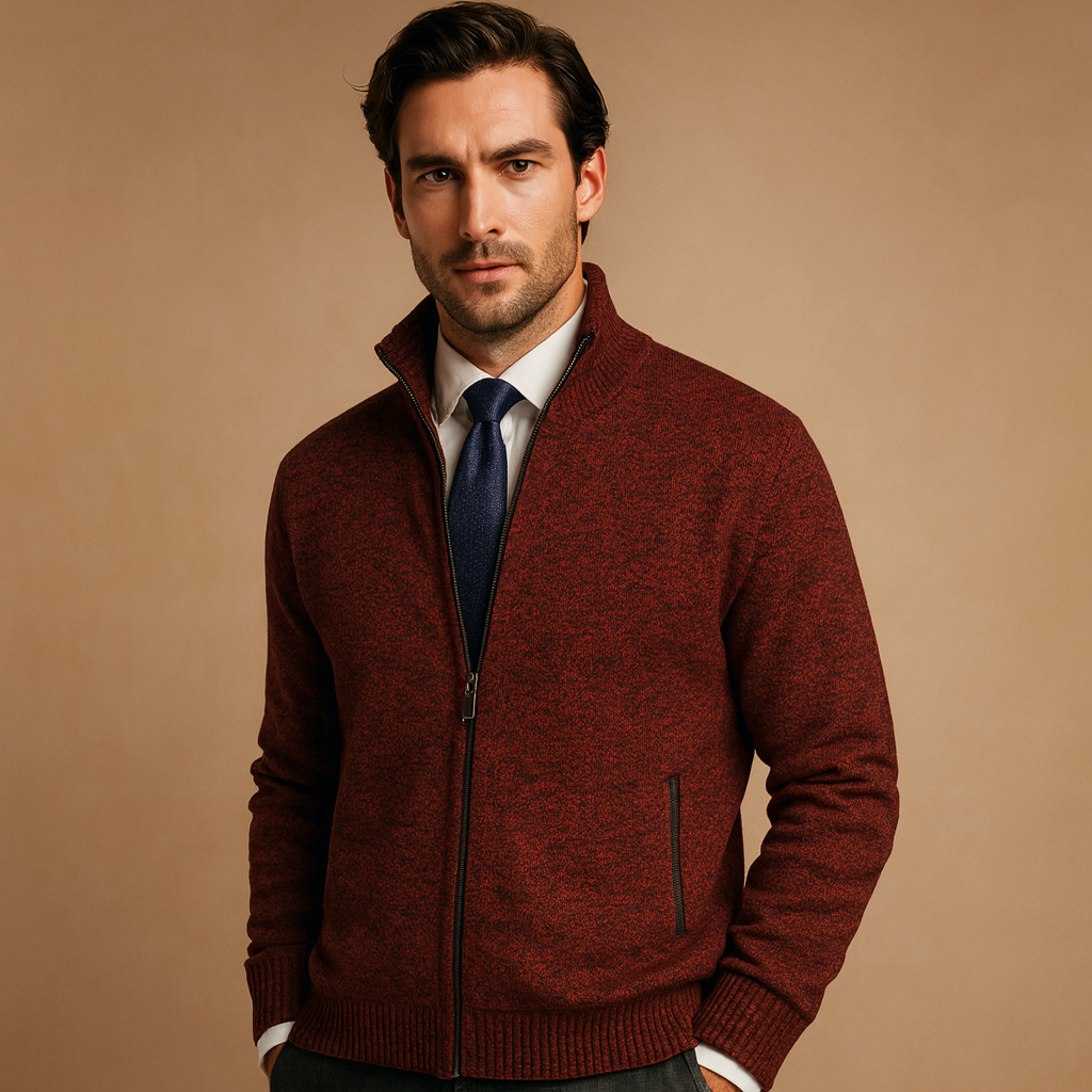 Men knit zip up cardigan sweater ribbed collar and side pockets