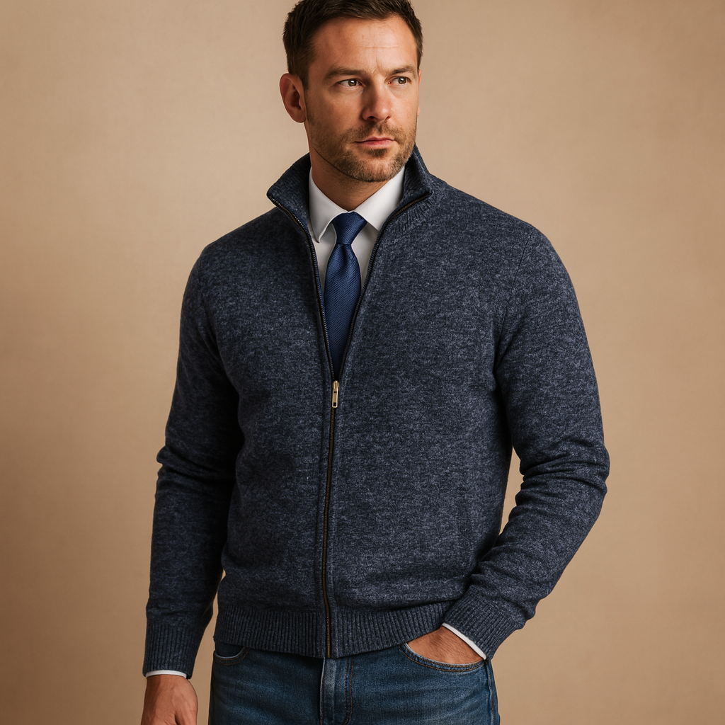Men knit zip up cardigan sweater ribbed collar and side pockets