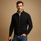 Men knit zip up cardigan sweater ribbed collar and side pockets