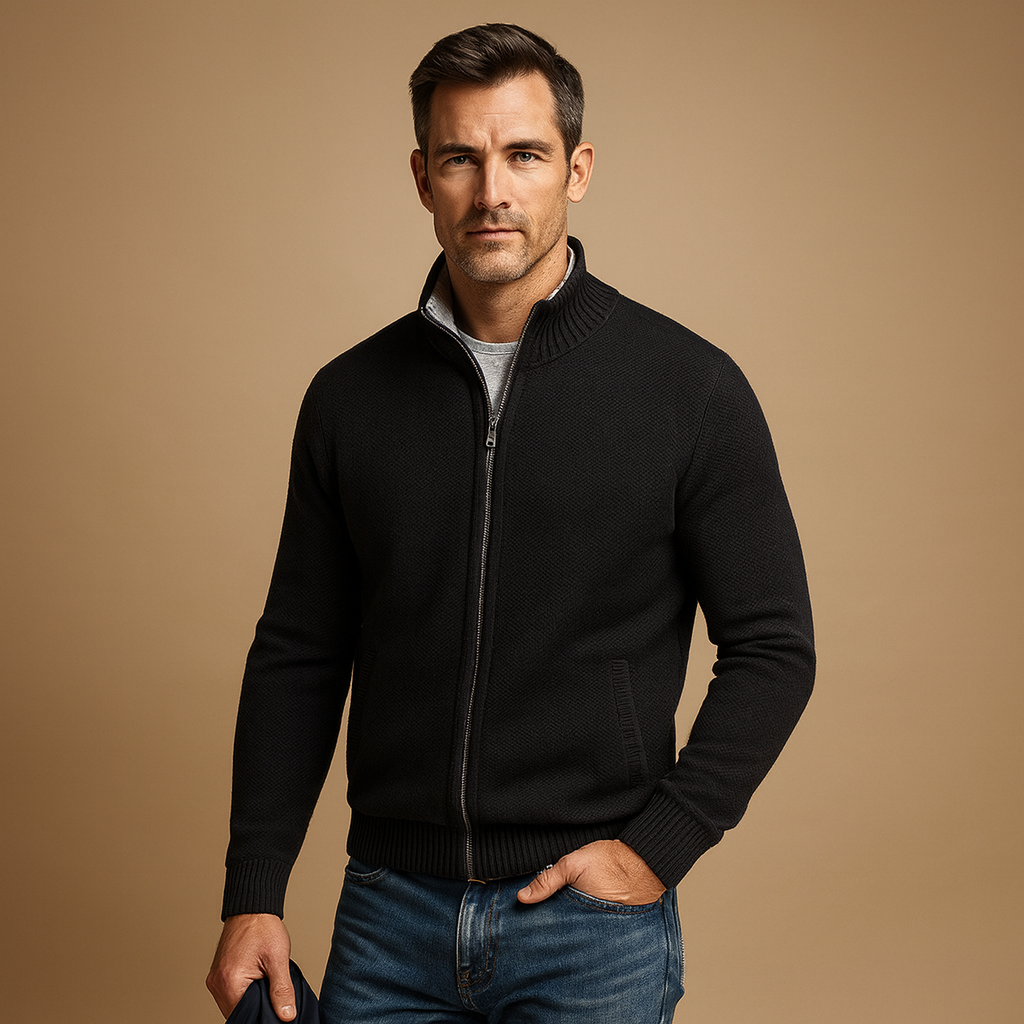 Men knit zip up cardigan sweater ribbed collar and side pockets