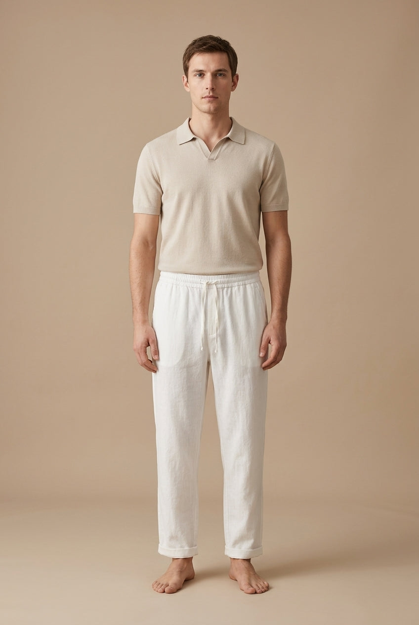 Men woven straight leg trousers with elastic drawstring waist relaxed fit