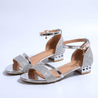 Cocktail Sandals | Women Metallic Glitter Ankle Strap Low Block Heel