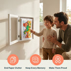 Kids drawing display frame rotating art frame stores 150 drawings, available in multiple colors