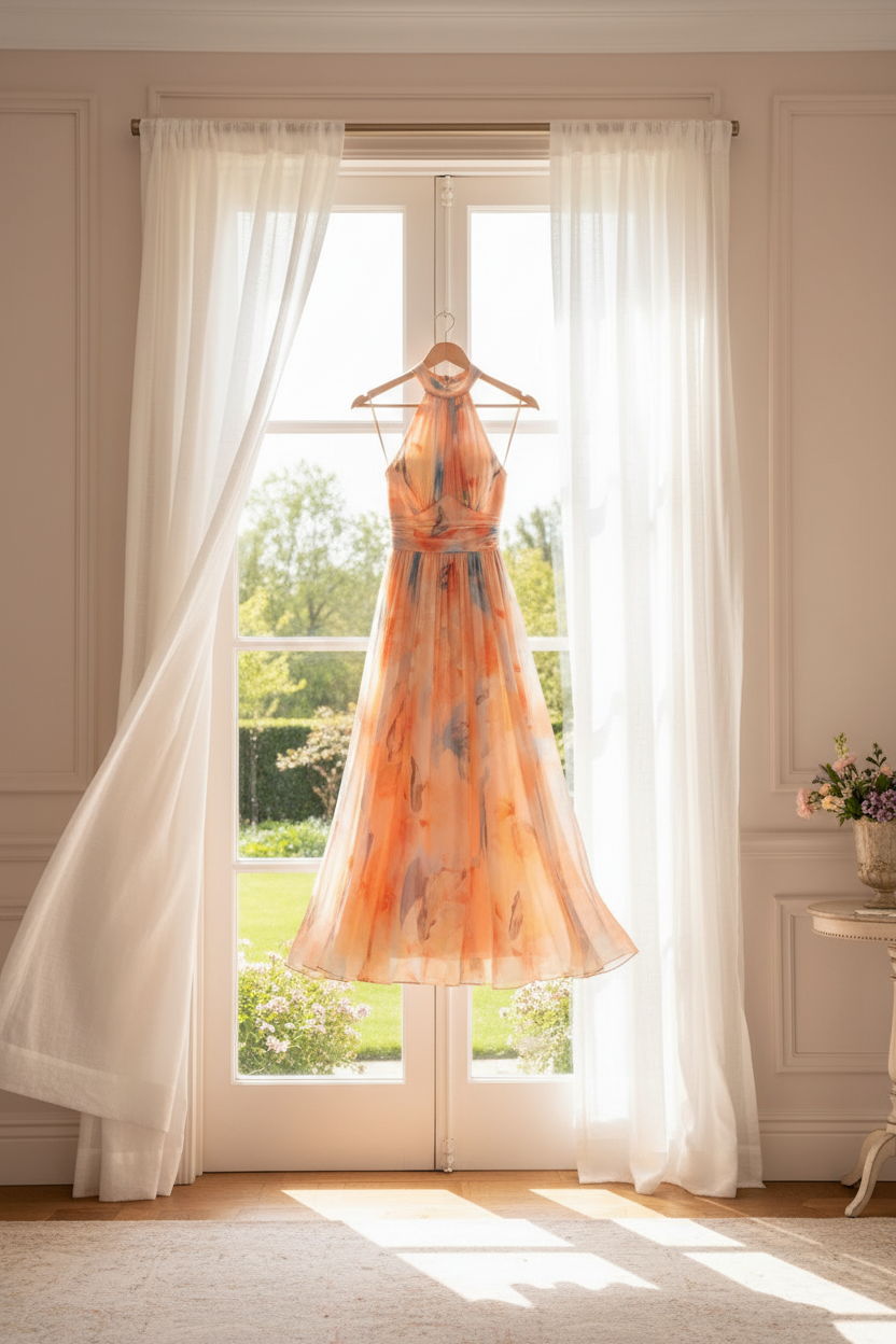 Women's maxi dress halter neck floral print open back in peach