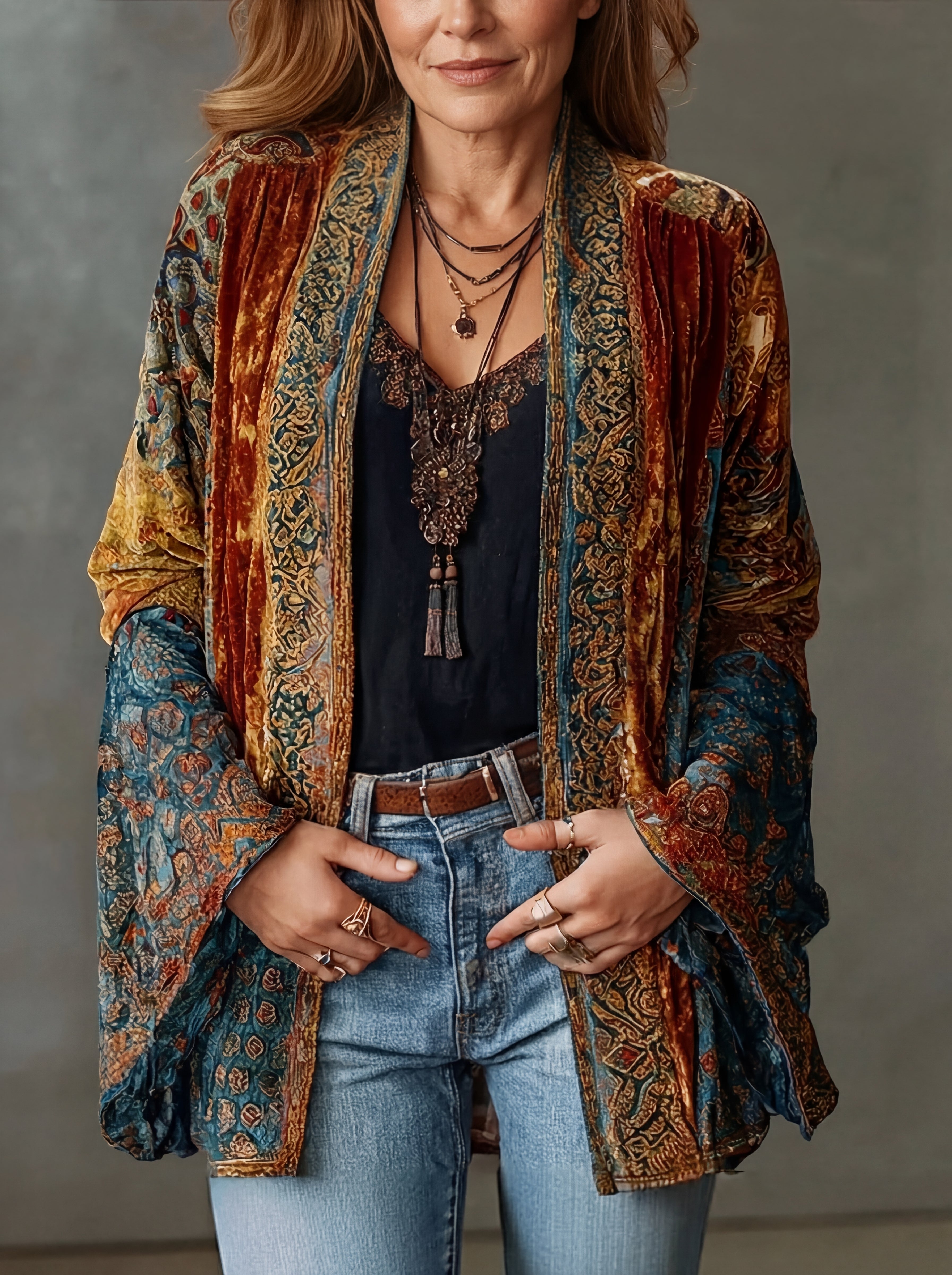 Women velvet patchwork kimono cardigan bohemian open-front wide sleeves