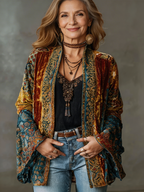 Women velvet patchwork kimono cardigan bohemian open-front wide sleeves