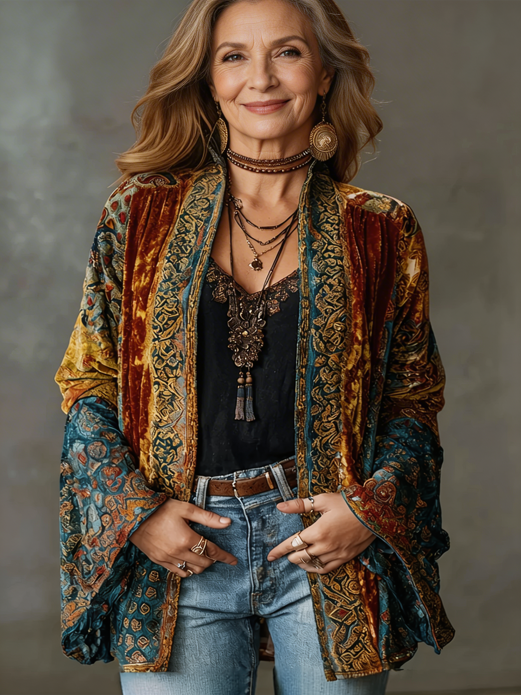 Women velvet patchwork kimono cardigan bohemian open-front wide sleeves