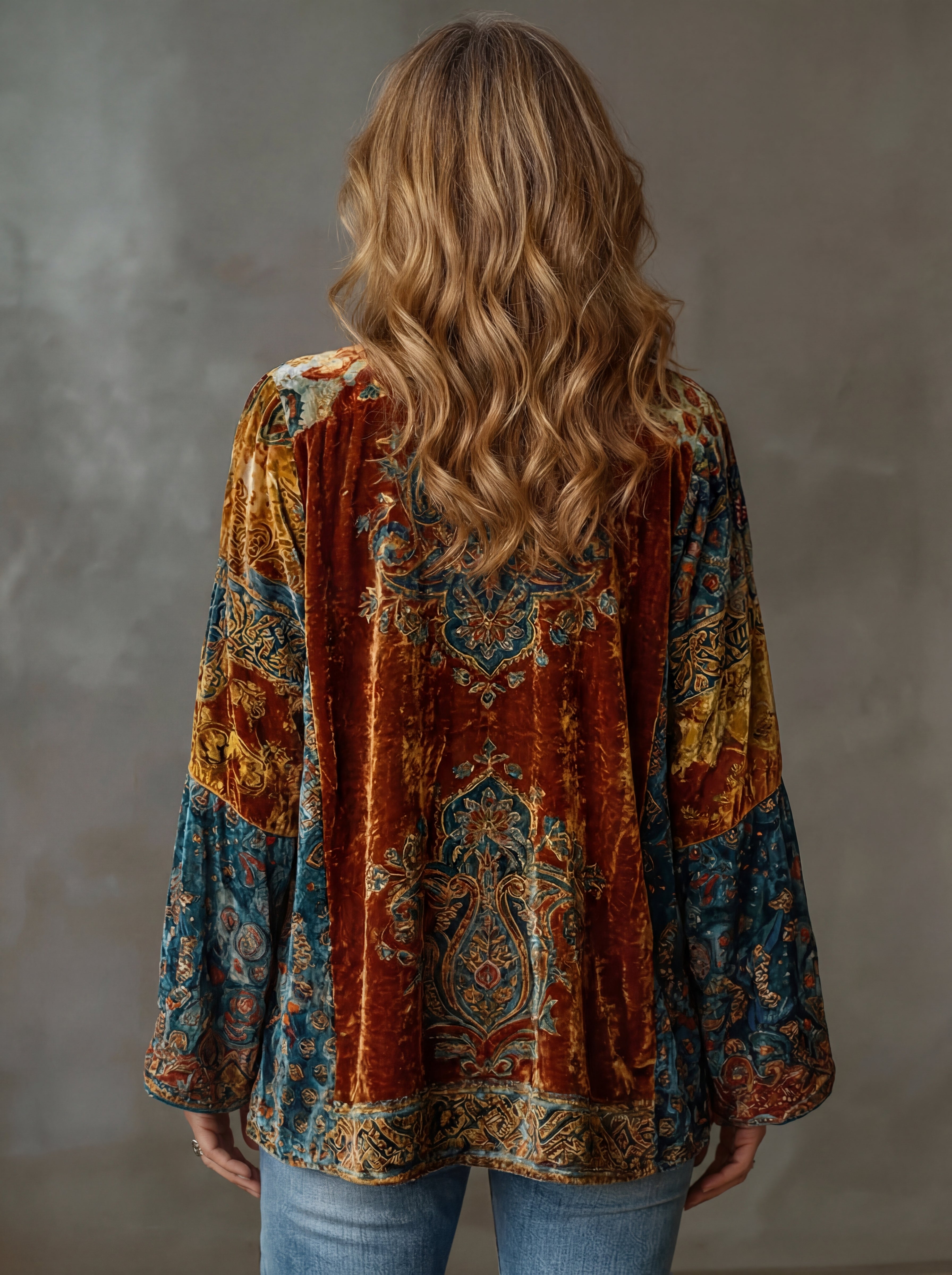 Women velvet patchwork kimono cardigan bohemian open-front wide sleeves