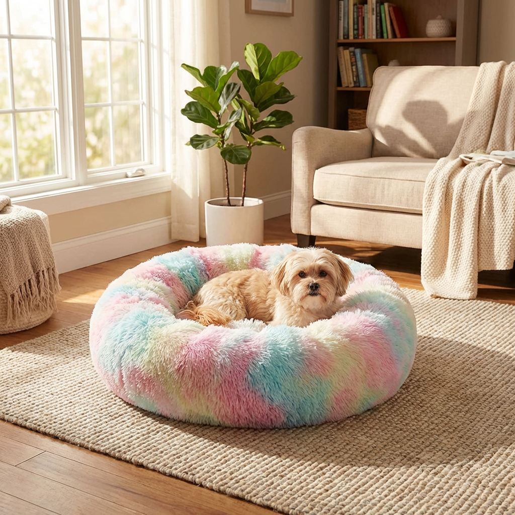 Anti-anxiety calming dog bed faux shag nest raised edges multiple sizes