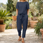 Women 2 piece linen cotton summer set relaxed fit short sleeve top and wide leg pants