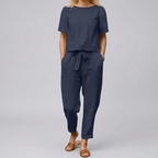 Women 2 piece linen cotton summer set relaxed fit short sleeve top and wide leg pants