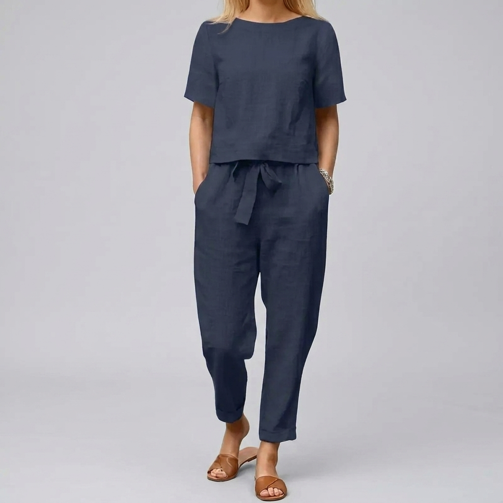 Women 2 piece linen cotton summer set relaxed fit short sleeve top and wide leg pants